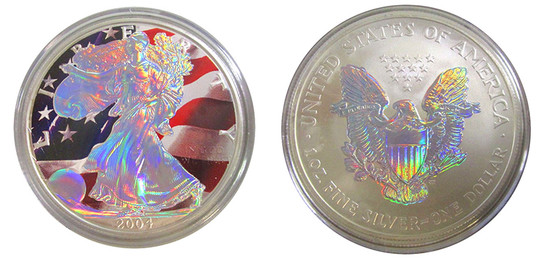 Silver Hologram Both Sides With Flag 2004 Silver Eagle 1 Ounce U.S. Silver Eagle in Box