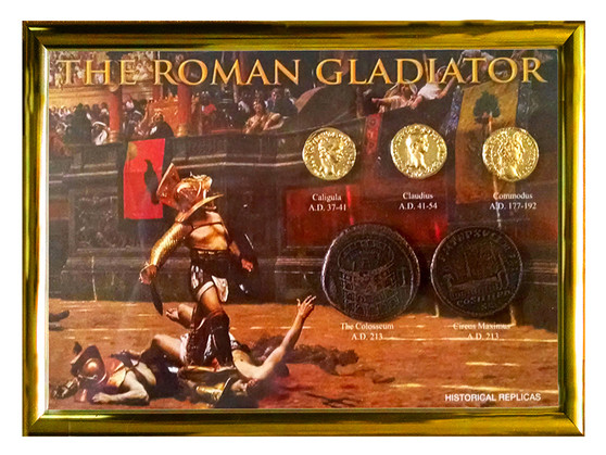 The Roman Gladiator 5 Coin Set of Historical Replicas in 5" x 7" Frame