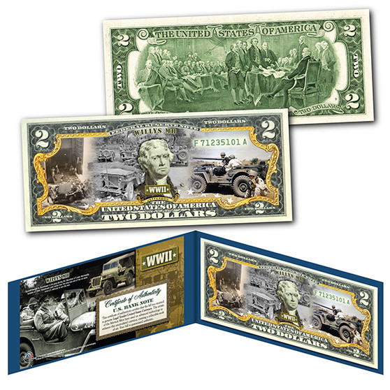 Willys MB Ford GPW Jeep Military Truck WWII Commemorative Colorized $2 Bill