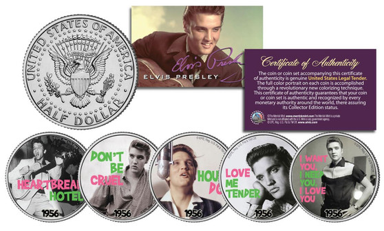 Elvis Presley 1956 #1 Songs Colorized 5 Coin JFK Half Dollar Set