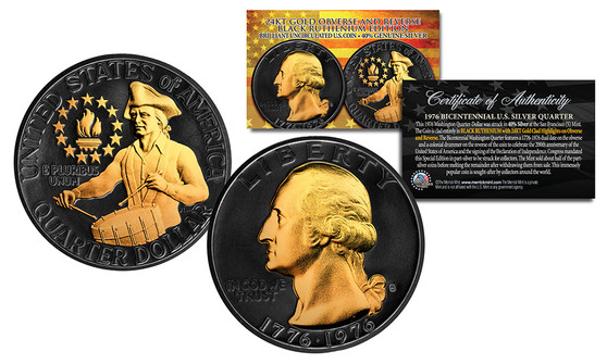 Black Ruthenium Clad 24K Gold Plated 1976 S Silver Bicentennial Quarter