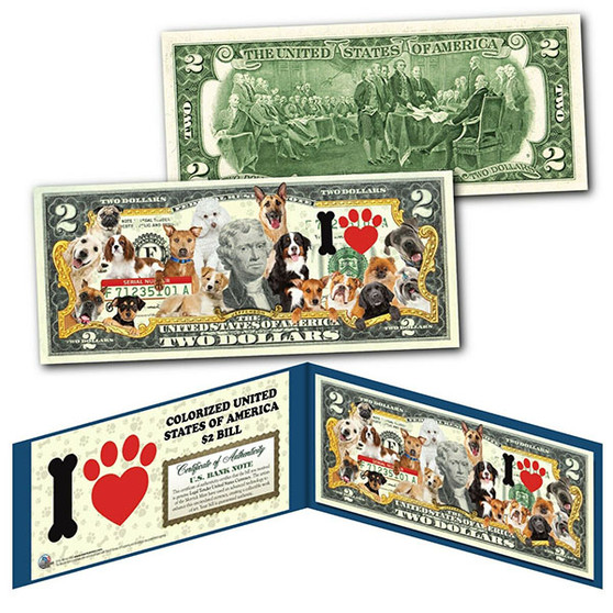 I Love Dogs Colorized $2 Bill Featuring 16 Different Breeds