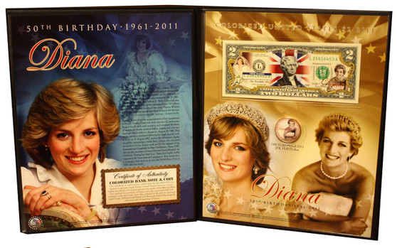 Princess Diana Deluxe 50th Birthday 1961-2011 Colorized $2 Bill & JFK Half Dollar in Deluxe Folio