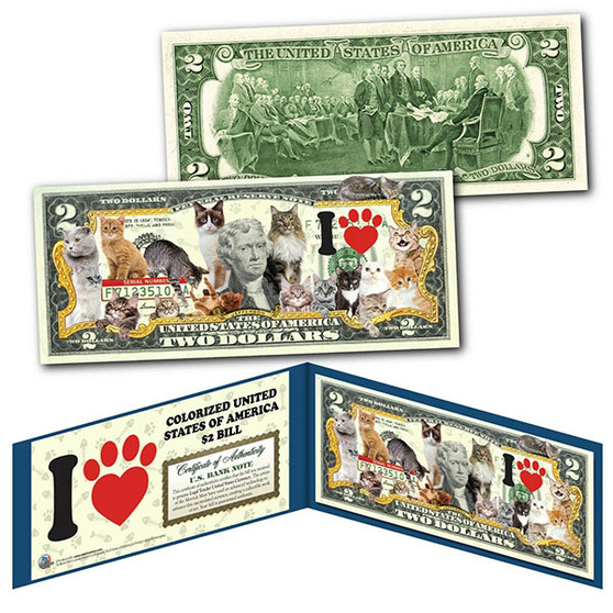 I Love Cats Colorized $2 Bill Featuring 16 Different Breeds