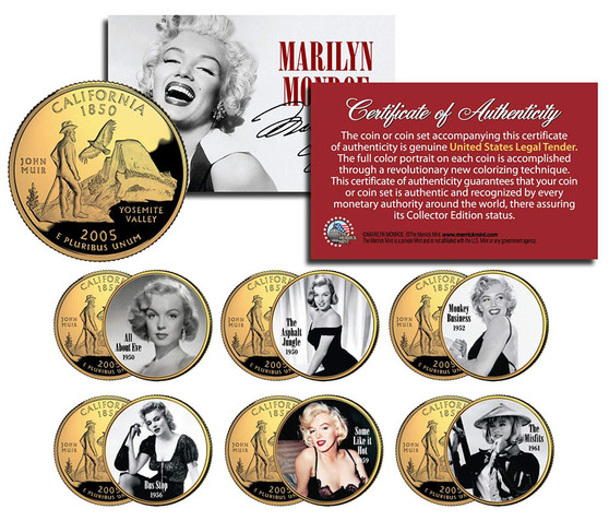 Marilyn Monroe Movies Set Two Colorized & 24K Gold Plated California State Quarter * All About Eve * 6 Coin Set