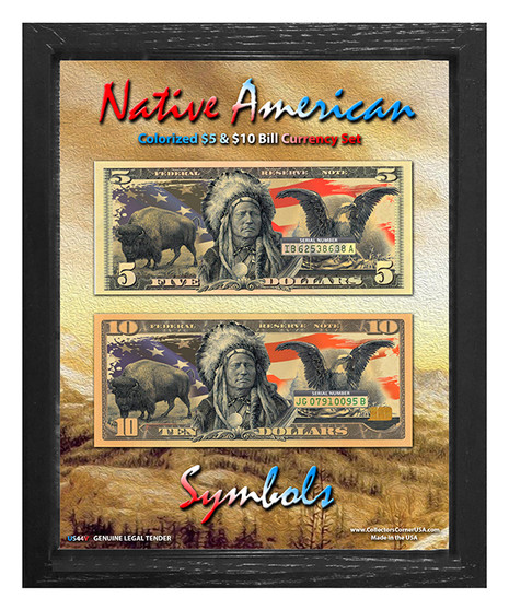 Native American Symbols Colorized $5 & $10 Bill Currency Set in 8" x 10" Frame