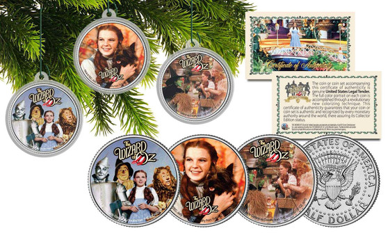 Wizard Of Oz 3 Coin Set of Colorized JFK Half Dollar Christmas Ornaments
