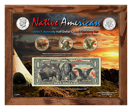 Native American Symbols Set 1A Colorized JFK Coin & $1 Bill Currency Set in 8" x 10" Frame