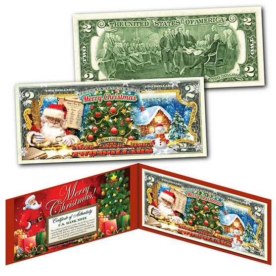 MERRY CHRISTMAS Seasons Greetings Colorized $2 Bill Santa's Nice List