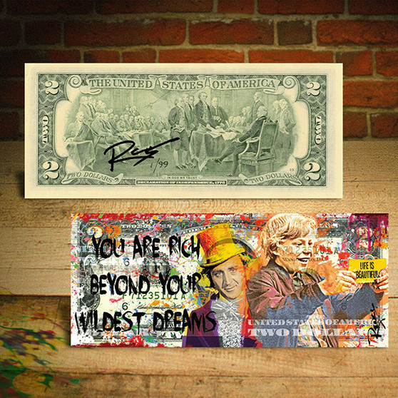 Rency Art Willy Wonka Rich Beyond Wildest Dream Signed By Rency $2 Bill - Serial # Ltd of 99