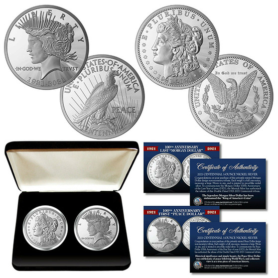 100th Anniversary MORGAN DOLLAR & PEACE DOLLAR 1 OZ Silver-Nickel 2 Coin Set With Case