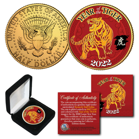 2022 Chinese Year of the Tiger 24K Gold Plated & Colorized JFK Half Dollar With Box