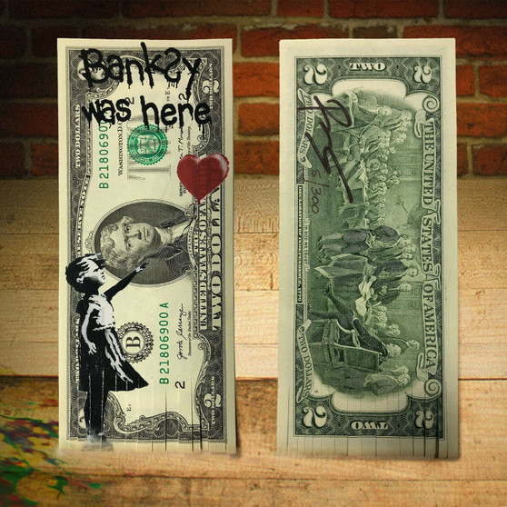 Banksy's Shredded Painting Balloon Girl Art $2 Bill Signed by Rency - S/N of 300