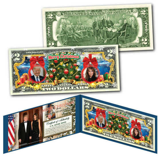 Donald & Melania Trump Merry Christmas Ornaments Colorized $2 Bill