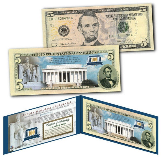 LINCOLN MEMORIAL 100th ANNIVERSARY National Park 1922-2022 Colorized $5 Bill