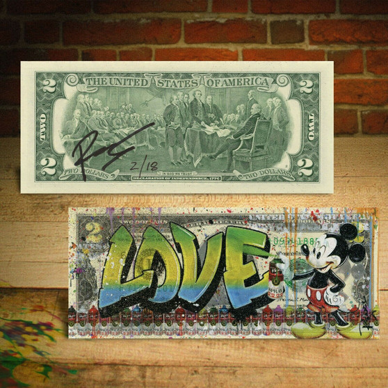 Mickey Mouse Graffiti LOVE Colorized $2 Bill Rency DIAMOND DUST S/N # of 18