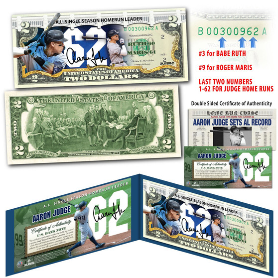 AARON JUDGE '22 Single Season 62 Home Run Record Colorized $2 Bill - Limited Edition of 62