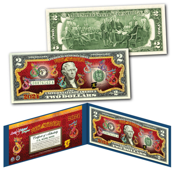 2024 YEAR OF THE DRAGON Polychrome 8 Color Dragons $2 Bill - BLUE
