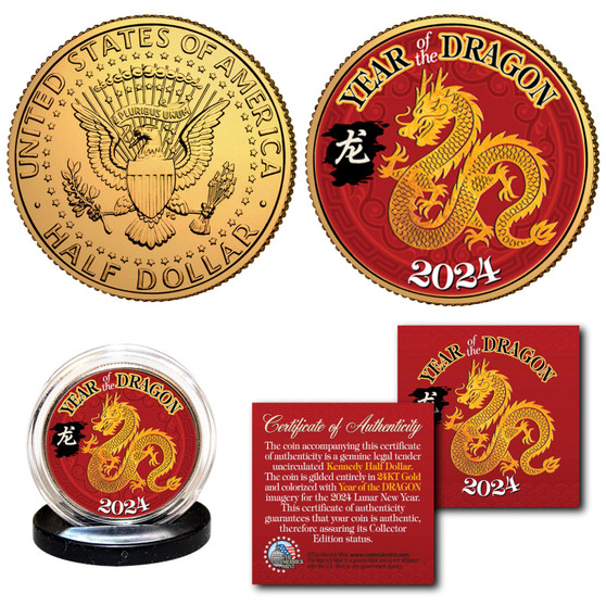 2024 Chinese YEAR OF THE DRAGON 24K Gold Plated JFK Half Dollar