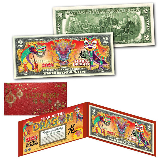 2024 Dancing Dragons Chinese New Year Colorized $2 Bill