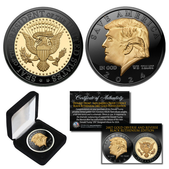 DONALD TRUMP Save America 2024 Proof Black Ruthenium & 24K Gold Plated 1 Oz. Coin in Case