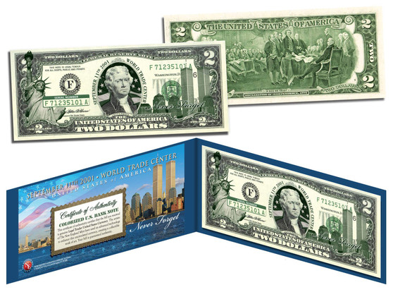 WORLD TRADE CENTER WTC 9/11 Statue of Liberty GREEN $2 US Bill