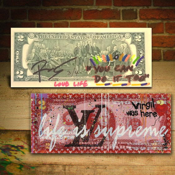 LIFE IS SUPREME Red LOUIS VUITTON Virgil LOVE LIFE by RENCY DIAMOND DUST $2 Bill SN #3 of 4