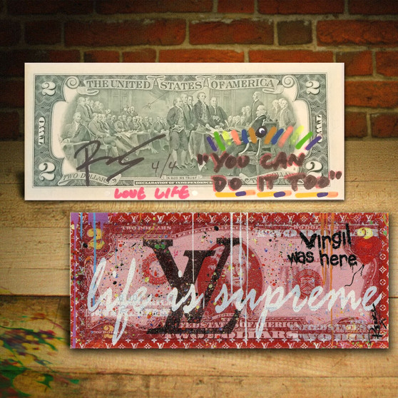 LIFE IS SUPREME Red LOUIS VUITTON Virgil LOVE LIFE by RENCY DIAMOND DUST $2 Bill SN #4 of 4