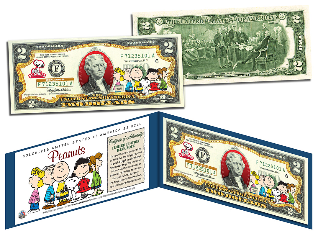 PEANUTS Charlie Brown Cartoon Strip THEN & NOW Official Legal Tender $2 US Bill