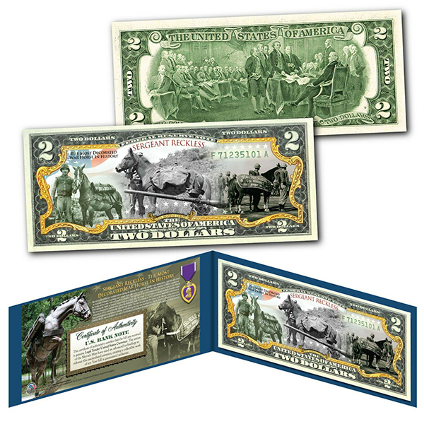 Most Decorated War Horse SERGEANT RECKLESS U.S. Marines $2 Bill - 2017 Uncirculated
