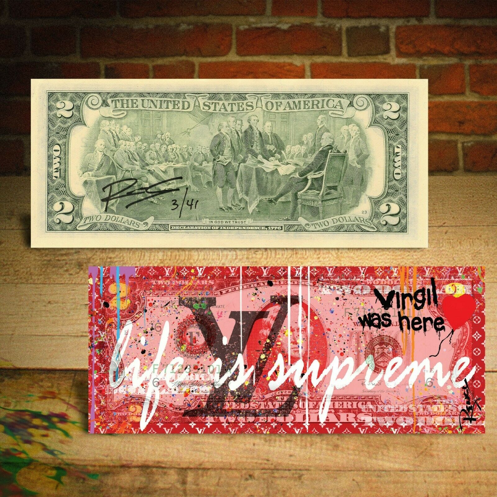 LIFE IS SUPREME Red LOUIS VUITTON Virgil by RENCY DIAMOND DUST $2 Bill SN  #8 of 8