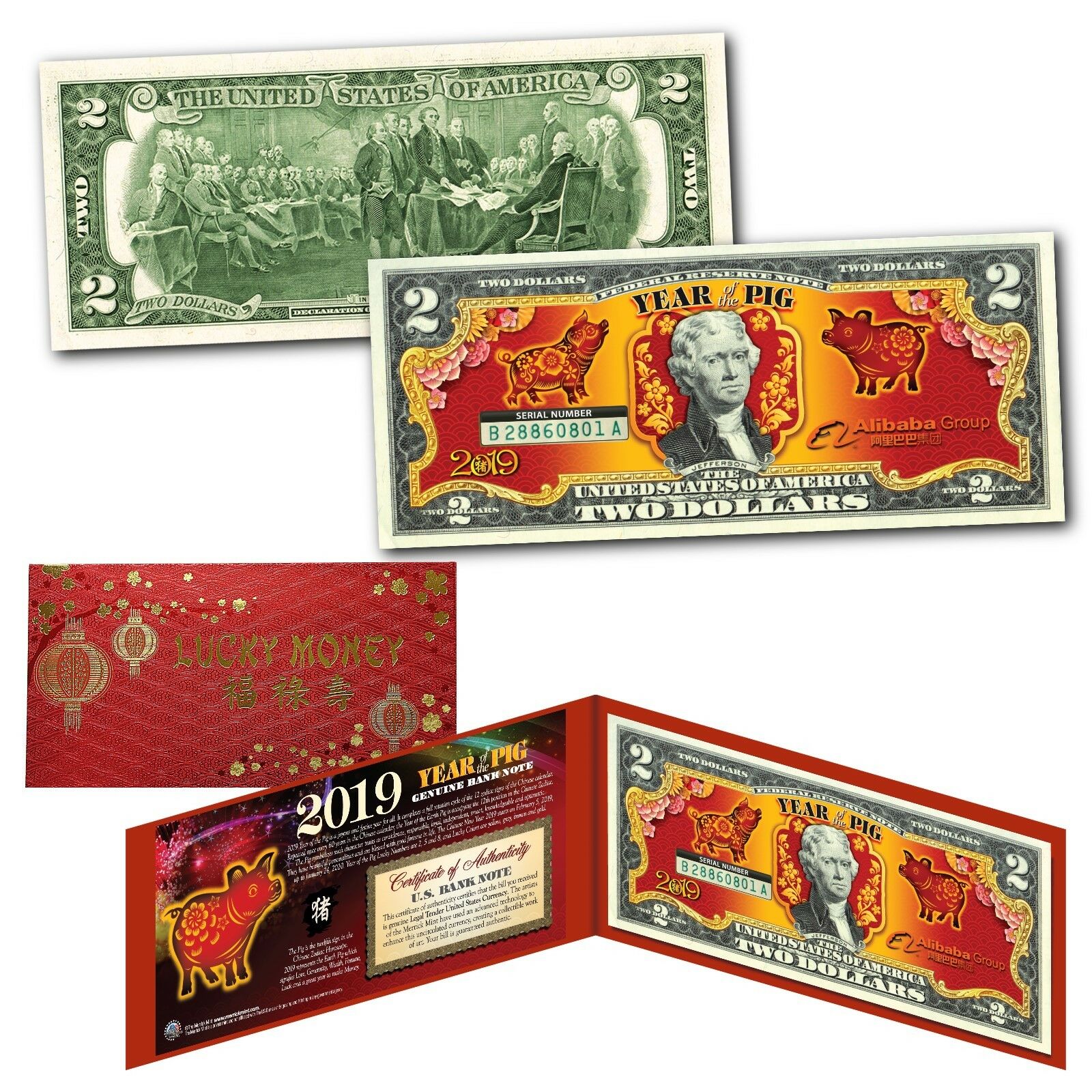 Bill RED 2019 CNY Lunar Chinese New YEAR OF THE PIG Polychromatic 8 Pigs $2 U.S 