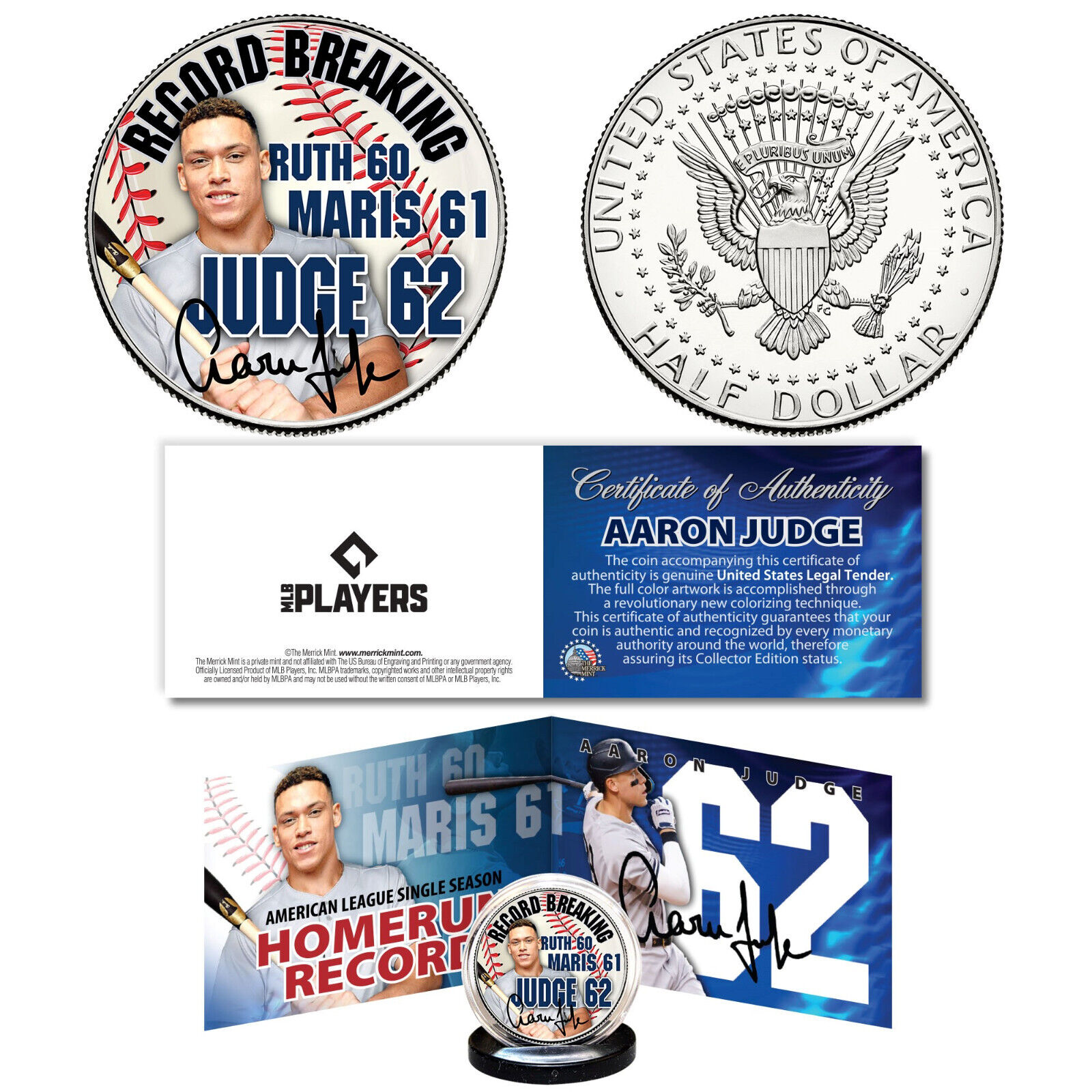 Aaron Judge A.L. Single Season Home Run Record 62 Silver Coin Legends Photo  Mint