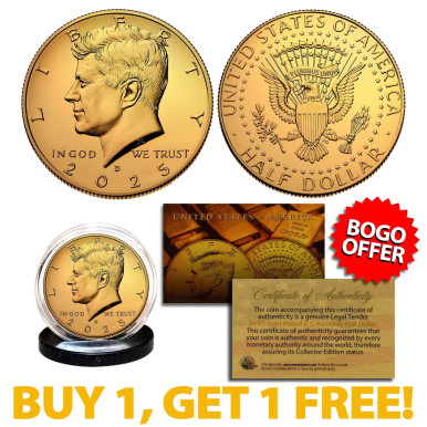 24K GOLD PLATED 2025-D JFK Half Dollar Coin (D Mint) BUY 1 GET 1 FREE