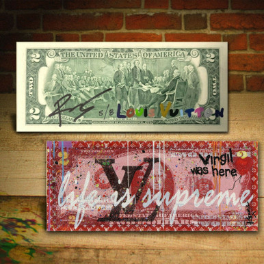 LIFE IS SUPREME White LOUIS VUITTON Virgil by RENCY DIAMOND DUST $2 Bill SN  #8 of 8