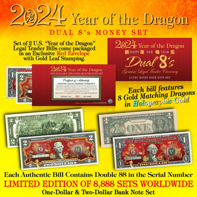 2024 Chinese New YEAR OF THE DRAGON Lucky Money $1 & $2 Set DUAL