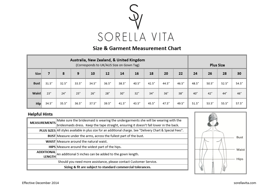 Sorella Vita Size Chart