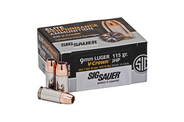 Sig Sauer E9MMA150 Elite Defense 9mm Luger 115 gr 1185 fps V-Crown Jacketed Hollow Point (VJHP) (500 Rd box)