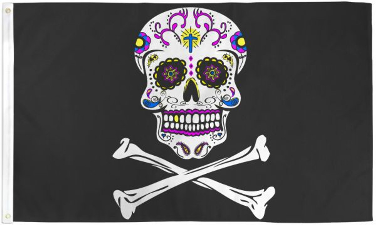 PIRATE SUGAR SKULL FLAG 3X5FT POLY