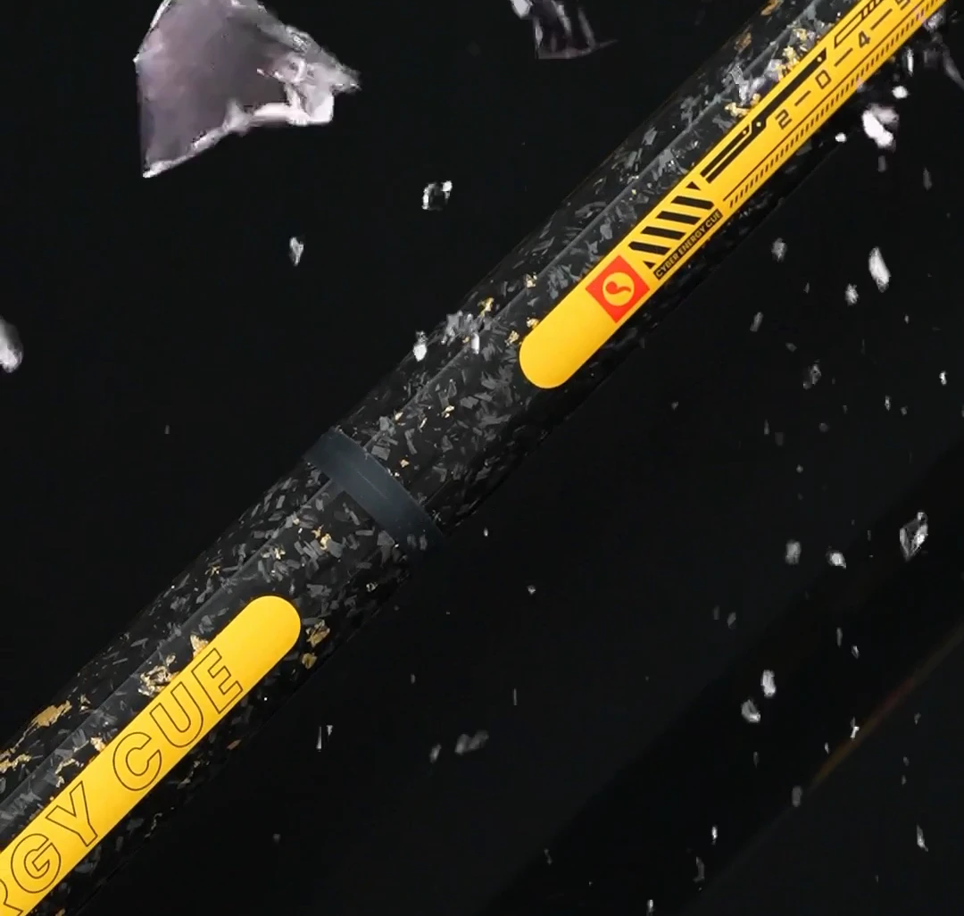 Energy cue with yellow CYBER ENERGY CUE graphics cutting diagonally across its dark patterned surface.