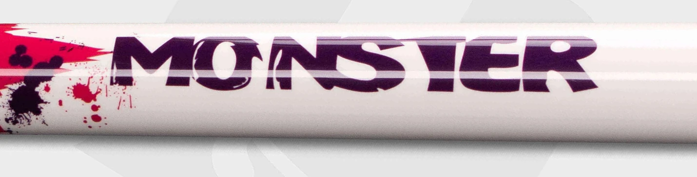 White Graffiti cue with purple Monster lettering and crimson printed graphics.