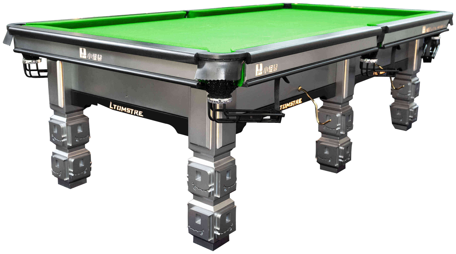 Little Monster Chinese Pool Table with green cloth, rounded pockets, dark rails and four visible sculpted legs.