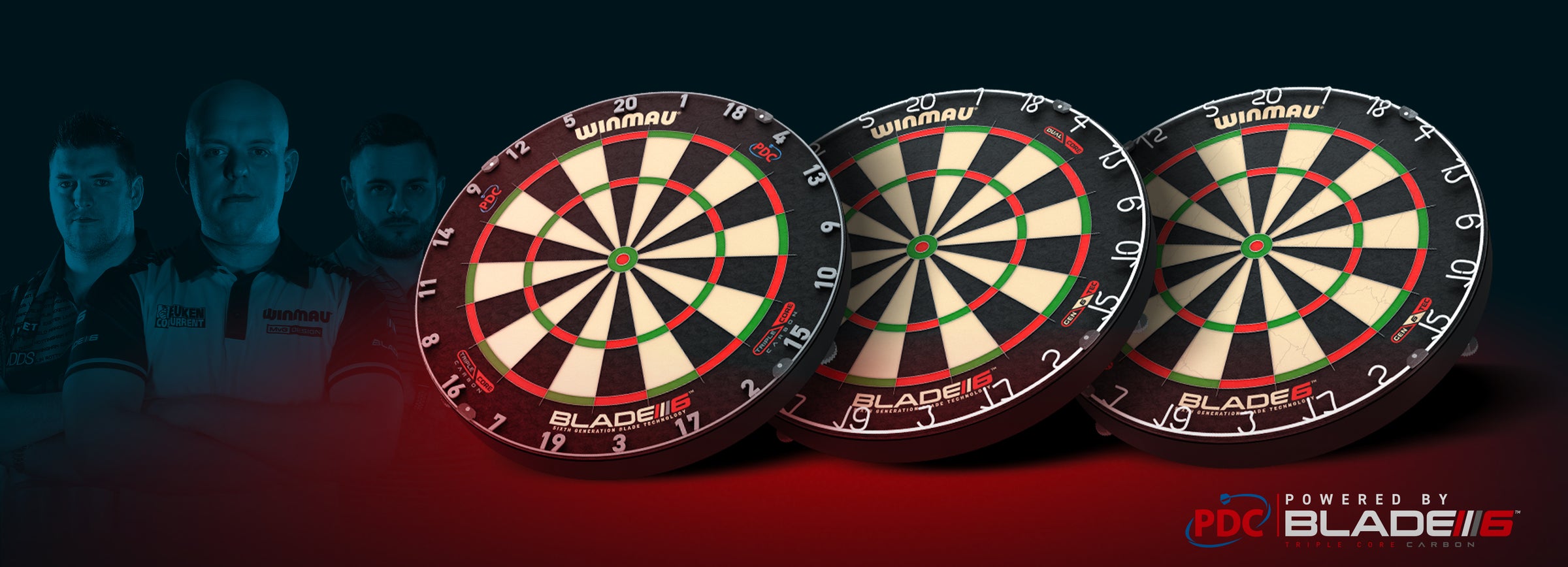 Winmau Blade 6 dartboard range with professional players in a promotional banner