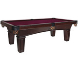 Modern wooden pool table with deep purple felt and leather corner pockets.