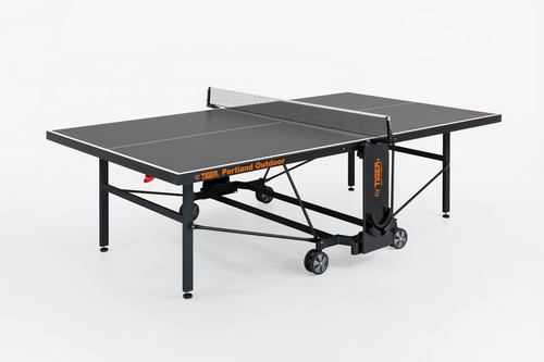 Foldable table tennis table with net, wheeled legs, and compact indoor design for home or recreational use.