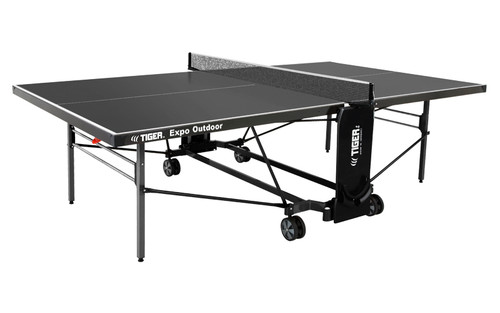 Foldable black table tennis table with net, rolling wheels, and reinforced metal legs for indoor recreational use.