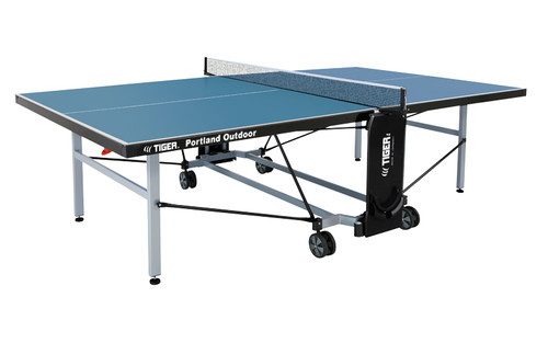 Foldable blue table tennis table with net, rolling undercarriage, and durable metal legs for indoor recreational play.