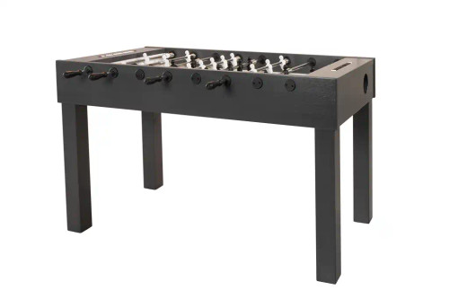 Black foosball table with chrome rods and players on modern game room table