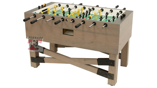 Light wood foosball table with yellow and black players, sturdy frame and crossbar support, isolated on white background.