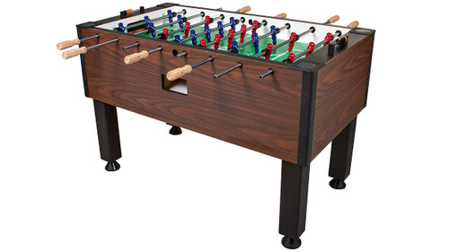 Modern foosball table with red and blue players, wood grain body and black legs, isolated on white background.